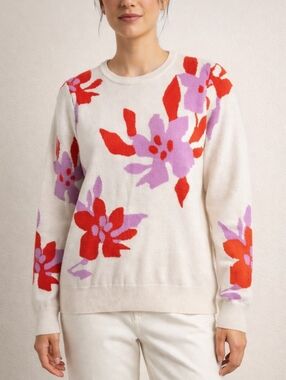 THML Floral Crewneck Knit Sweater Cream Small Retro Cottagecore Cozy Granny